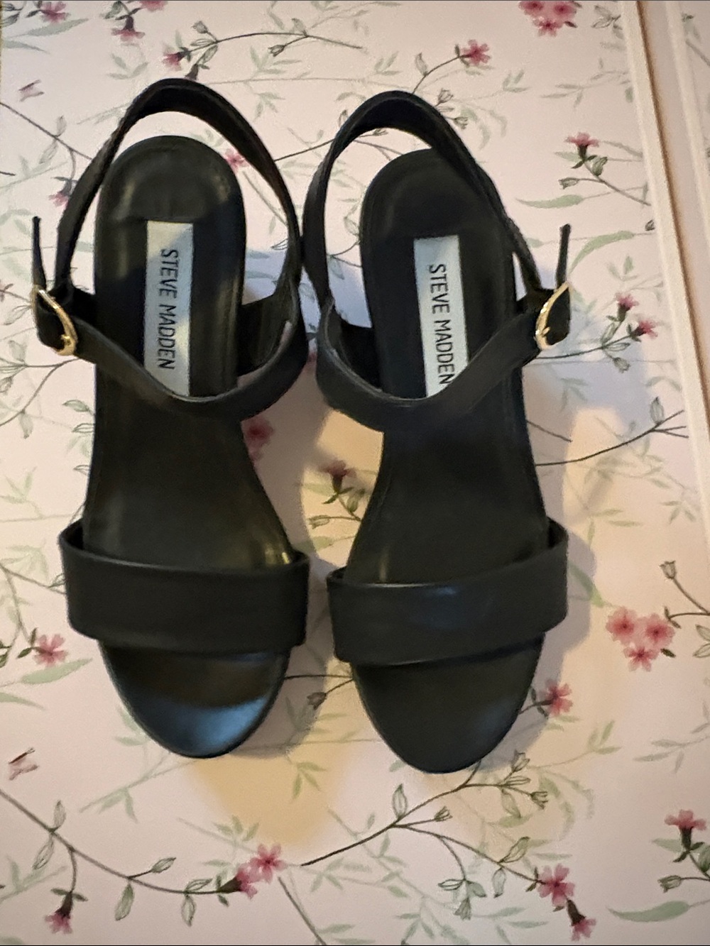 Steve Madden Black Leather Slingback Sandals with Gold Buckle